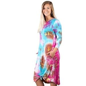 New Women's Simply Southern Pink Tie Dye Long‎ Sleeve Knot Dress Size S NWT